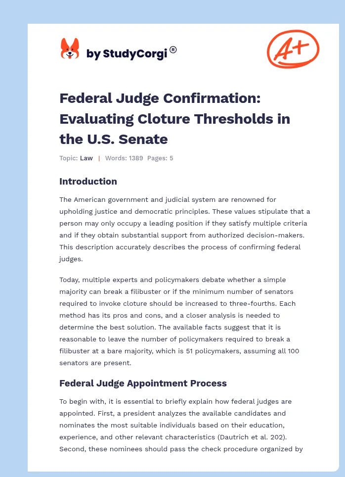 Federal Judge Confirmation: Evaluating Cloture Thresholds in the U.S. Senate. Page 1