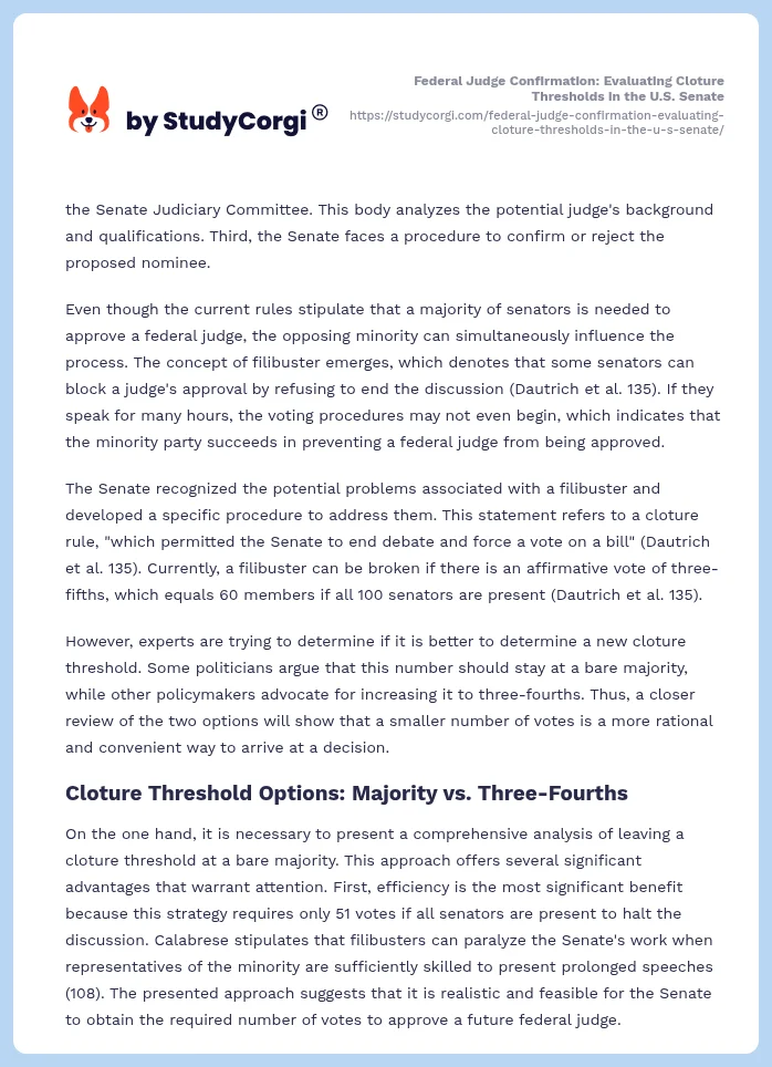 Federal Judge Confirmation: Evaluating Cloture Thresholds in the U.S. Senate. Page 2
