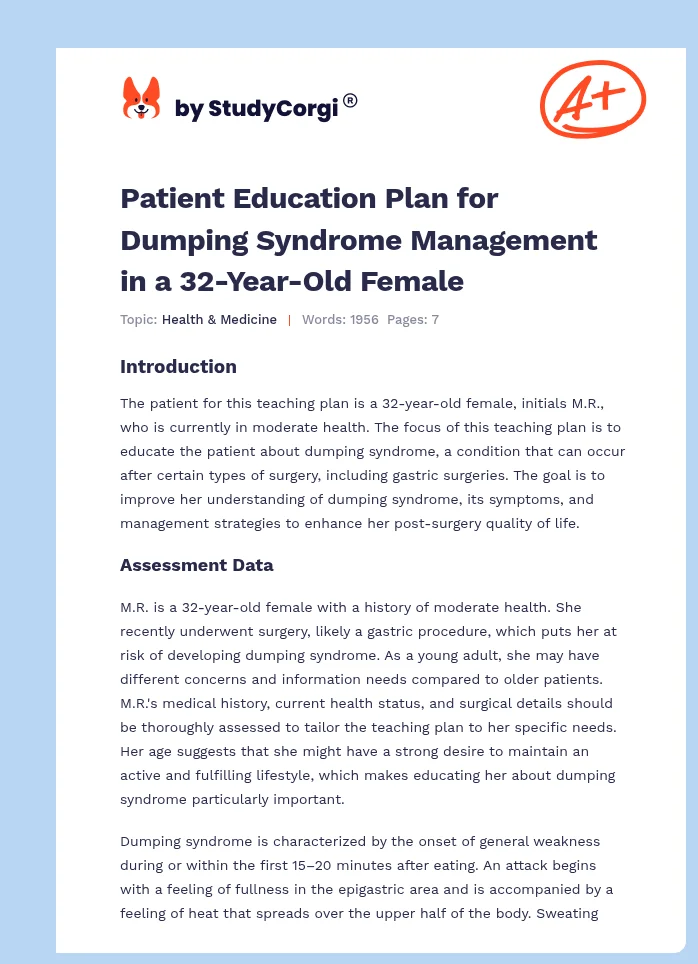 Patient Education Plan for Dumping Syndrome Management in a 32-Year-Old Female. Page 1