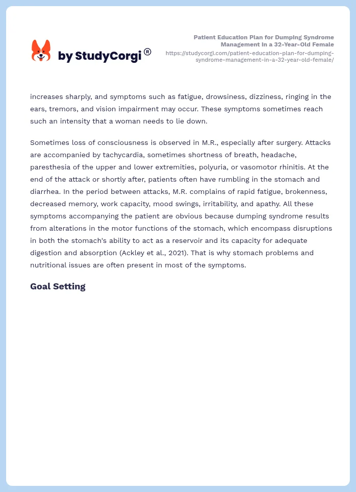 Patient Education Plan for Dumping Syndrome Management in a 32-Year-Old Female. Page 2