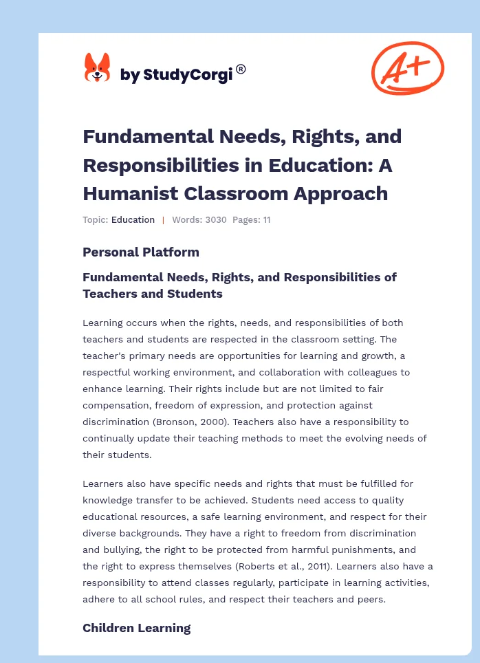 Fundamental Needs, Rights, and Responsibilities in Education: A Humanist Classroom Approach. Page 1