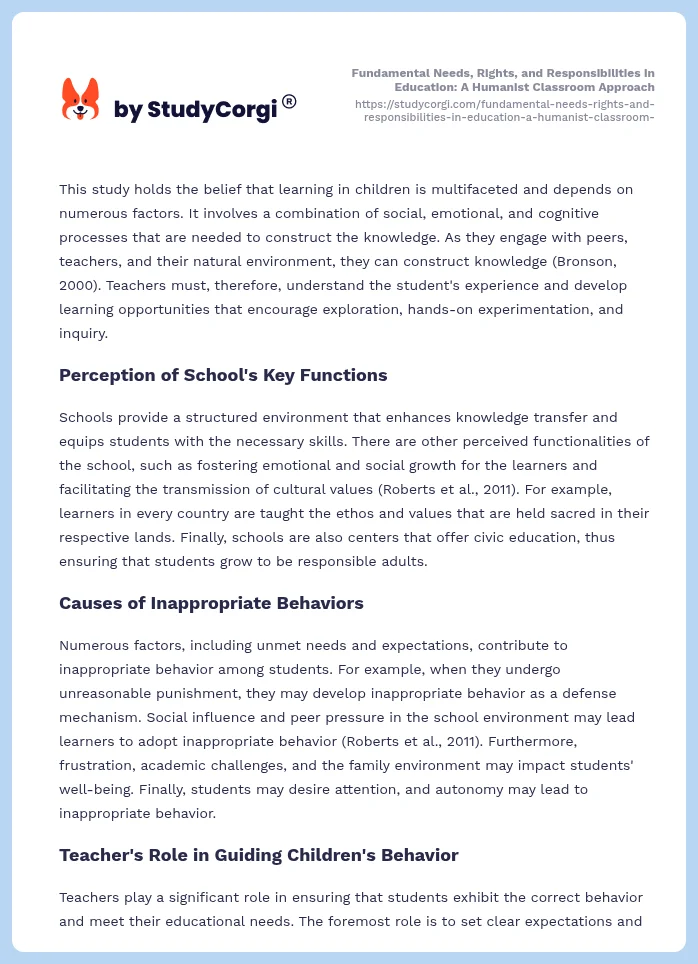 Fundamental Needs, Rights, and Responsibilities in Education: A Humanist Classroom Approach. Page 2