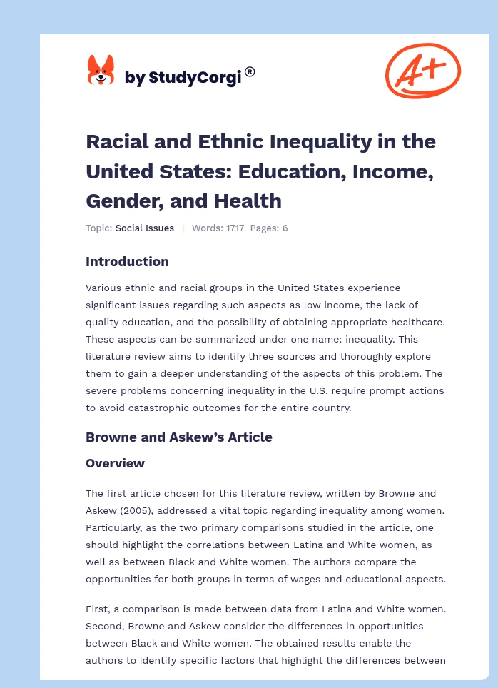 Racial and Ethnic Inequality in the United States: Education, Income, Gender, and Health. Page 1