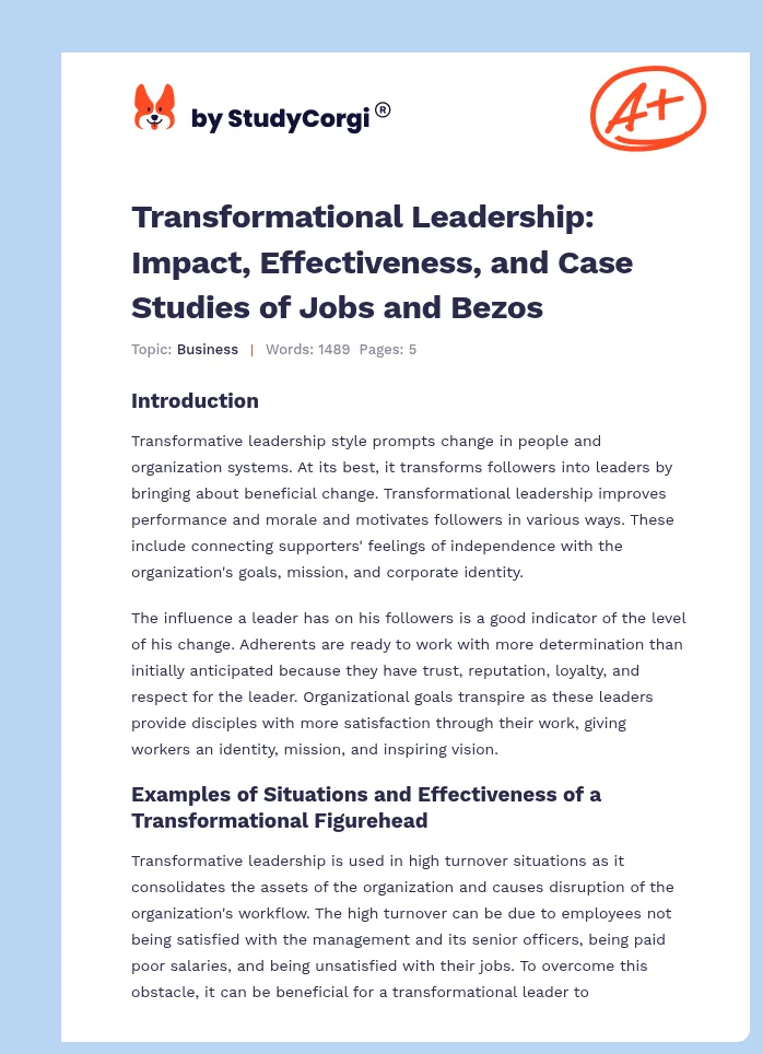 Transformational Leadership: Impact, Effectiveness, and Case Studies of Jobs and Bezos. Page 1