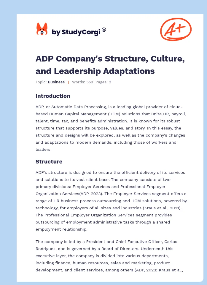 ADP Company's Structure, Culture, and Leadership Adaptations. Page 1
