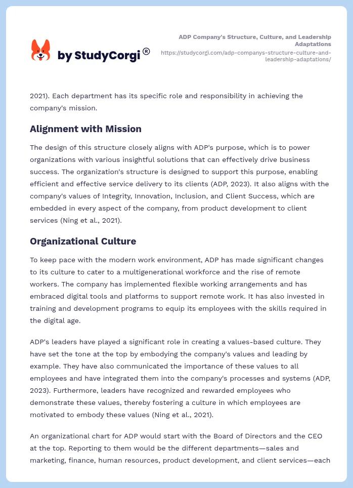 ADP Company's Structure, Culture, and Leadership Adaptations. Page 2