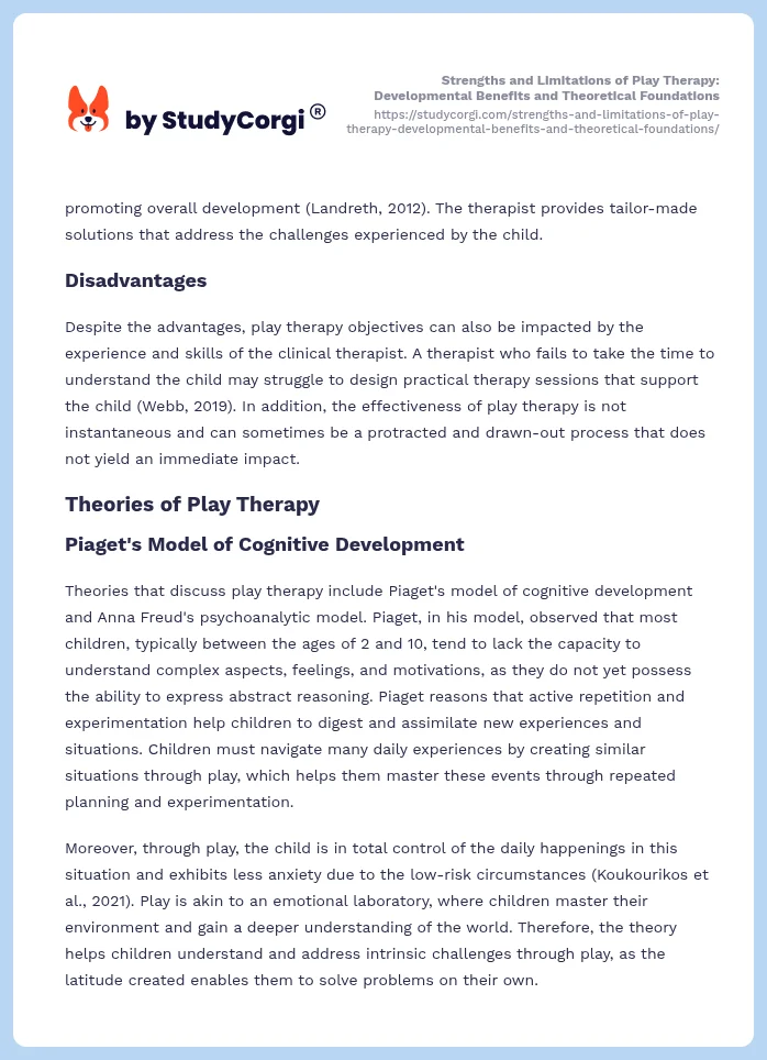 Strengths and Limitations of Play Therapy: Developmental Benefits and Theoretical Foundations. Page 2