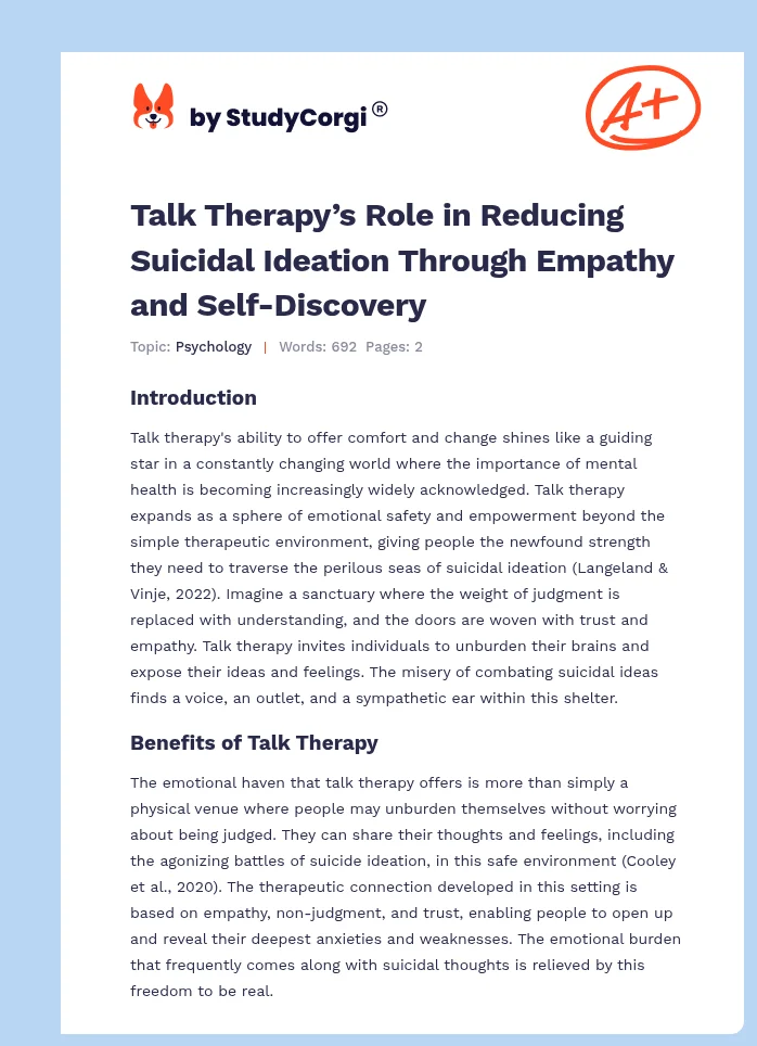 Talk Therapy’s Role in Reducing Suicidal Ideation Through Empathy and Self-Discovery. Page 1