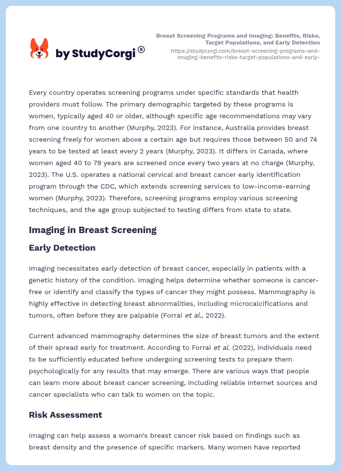 Breast Screening Programs and Imaging: Benefits, Risks, Target Populations, and Early Detection. Page 2