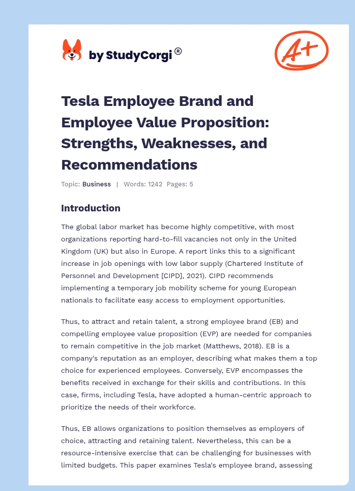 Tesla Employee Brand and Employee Value Proposition: Strengths, Weaknesses, and Recommendations. Page 1