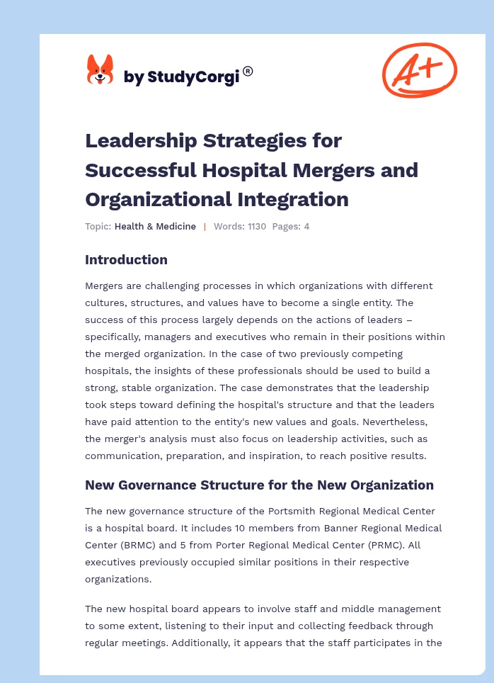 Leadership Strategies for Successful Hospital Mergers and Organizational Integration. Page 1