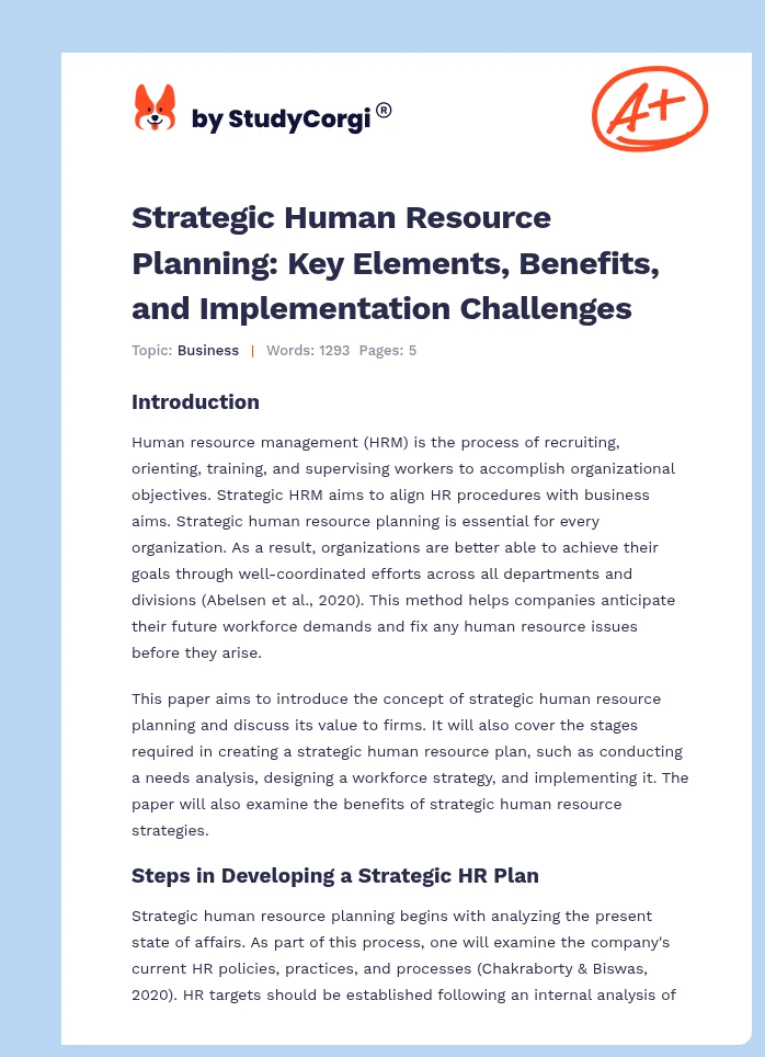 Strategic Human Resource Planning: Key Elements, Benefits, and Implementation Challenges. Page 1