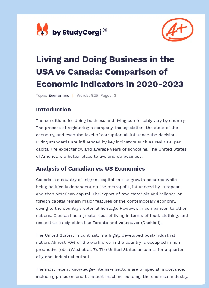 Living and Doing Business in the USA vs Canada: Comparison of Economic Indicators in 2020-2023. Page 1