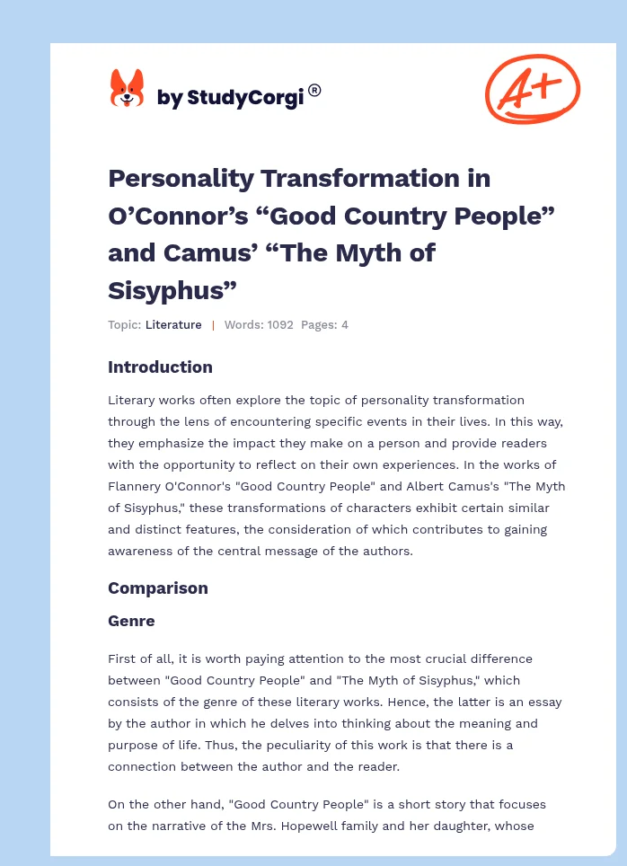 Personality Transformation in O’Connor’s “Good Country People” and Camus’ “The Myth of Sisyphus”. Page 1