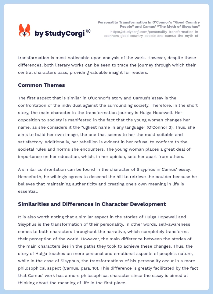 Personality Transformation in O’Connor’s “Good Country People” and Camus’ “The Myth of Sisyphus”. Page 2