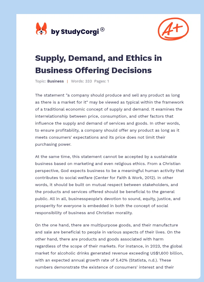 Supply, Demand, and Ethics in Business Offering Decisions. Page 1