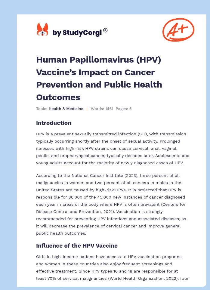 Human Papillomavirus (HPV) Vaccine’s Impact on Cancer Prevention and Public Health Outcomes. Page 1