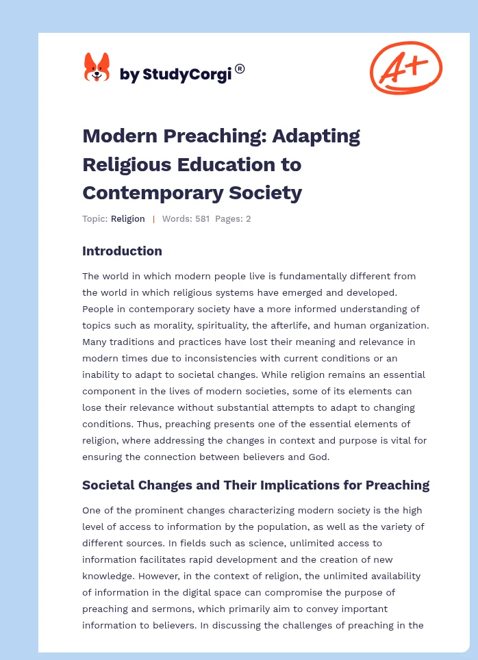 Modern Preaching: Adapting Religious Education to Contemporary Society. Page 1