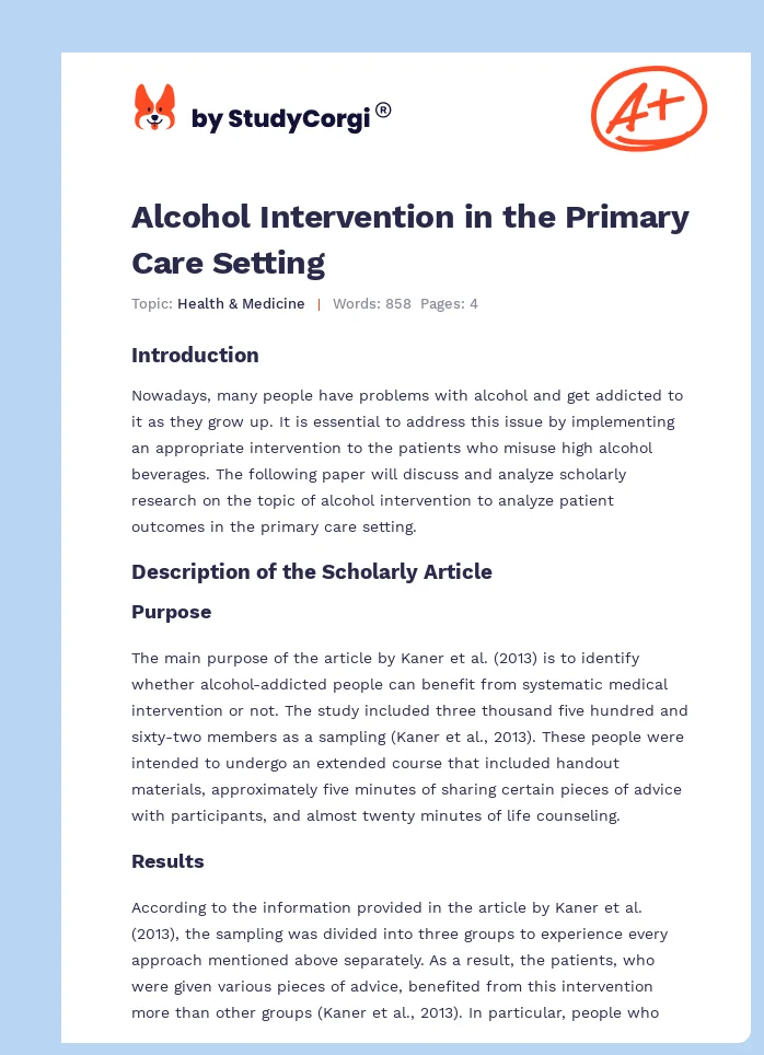 Alcohol Intervention in the Primary Care Setting. Page 1