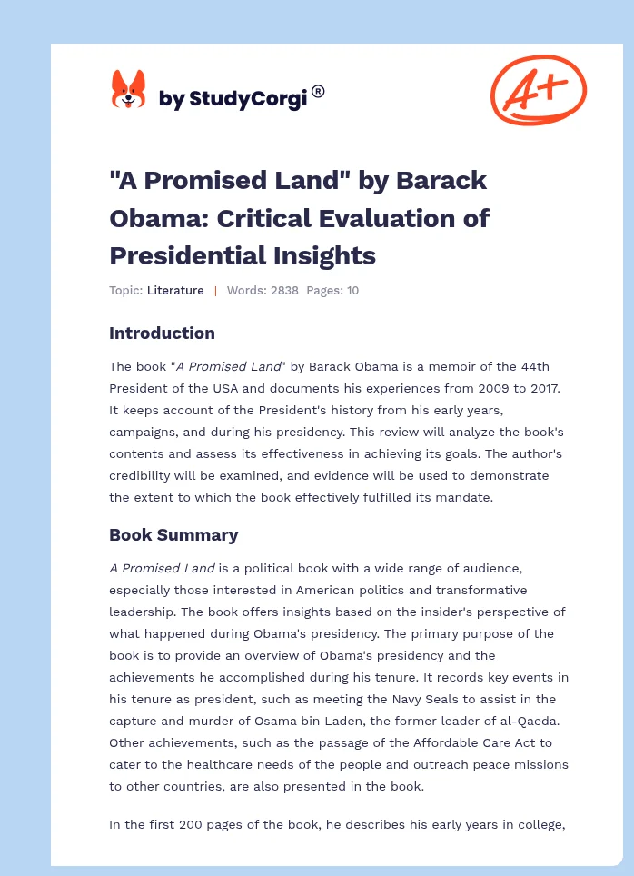 "A Promised Land" by Barack Obama: Critical Evaluation of Presidential Insights. Page 1