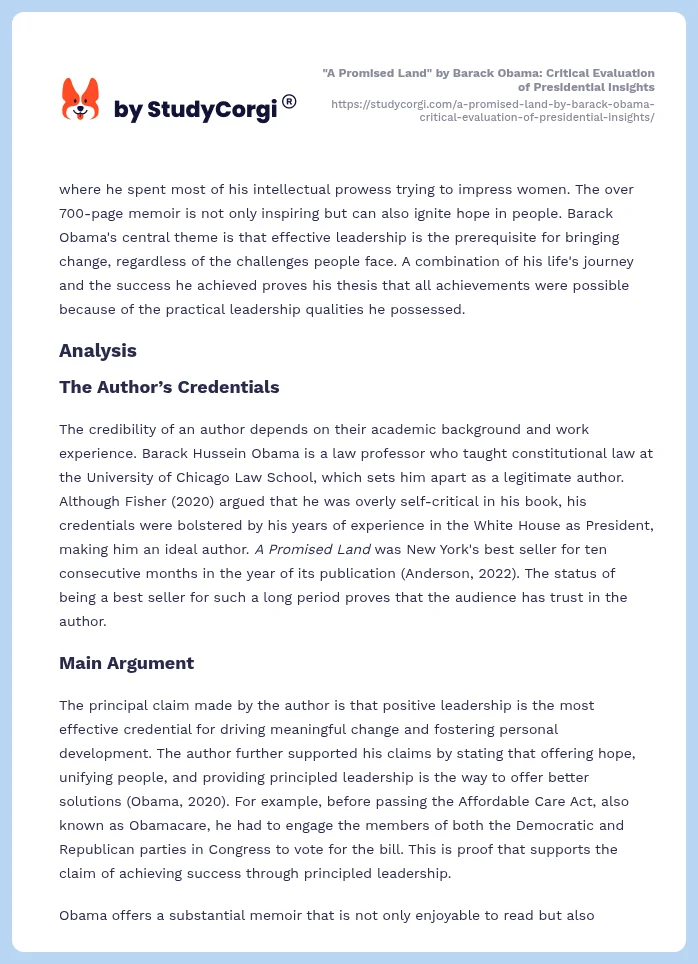 "A Promised Land" by Barack Obama: Critical Evaluation of Presidential Insights. Page 2