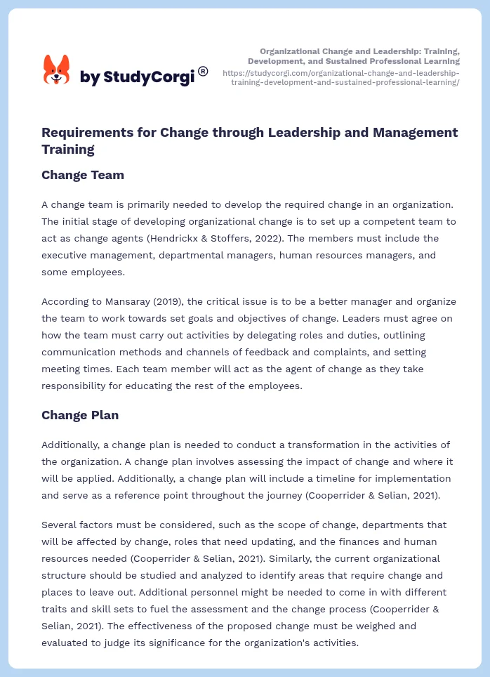 Organizational Change and Leadership: Training, Development, and Sustained Professional Learning. Page 2