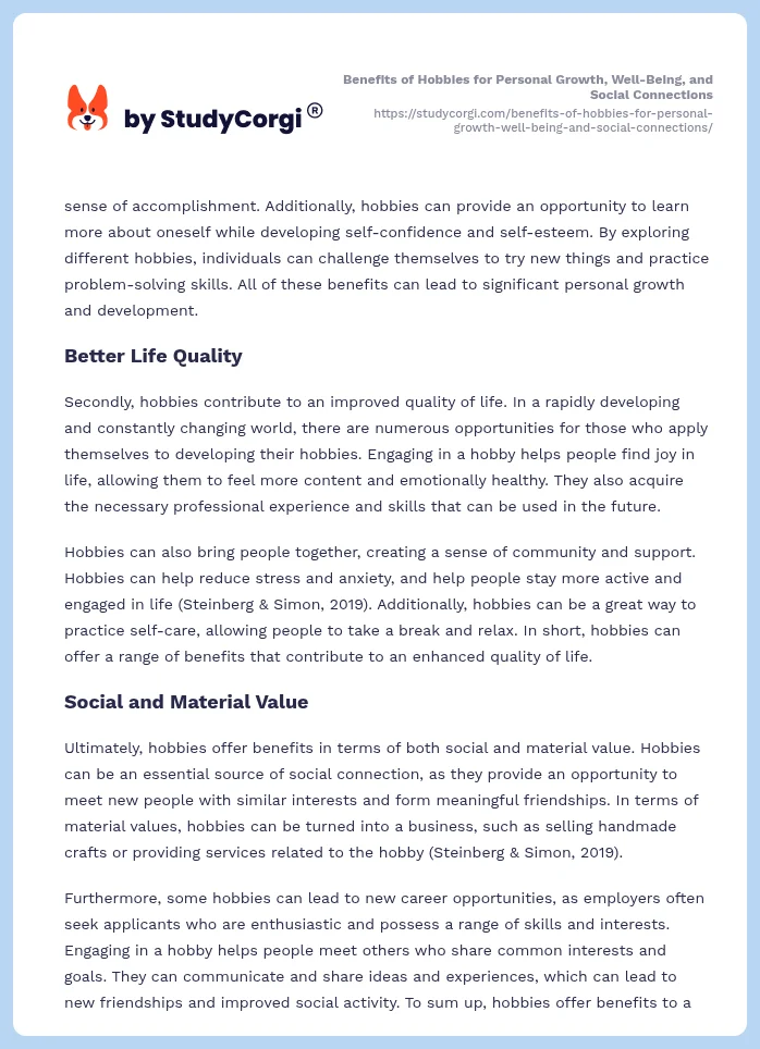 Benefits of Hobbies for Personal Growth, Well-Being, and Social Connections. Page 2