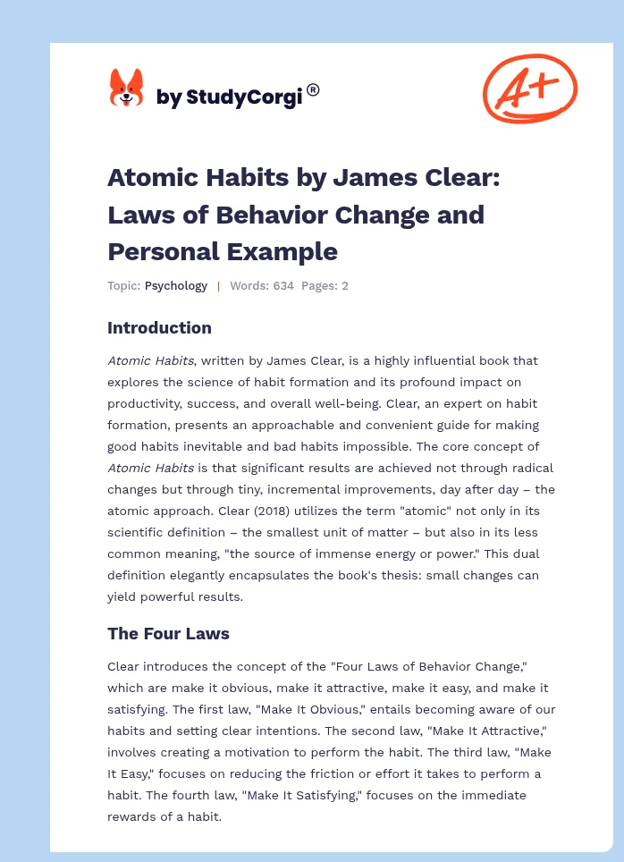 Atomic Habits by James Clear: Laws of Behavior Change and Personal Example. Page 1