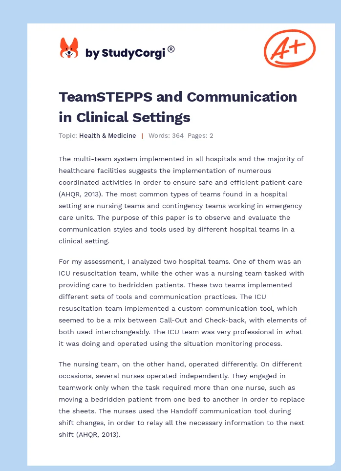 TeamSTEPPS and Communication in Clinical Settings. Page 1