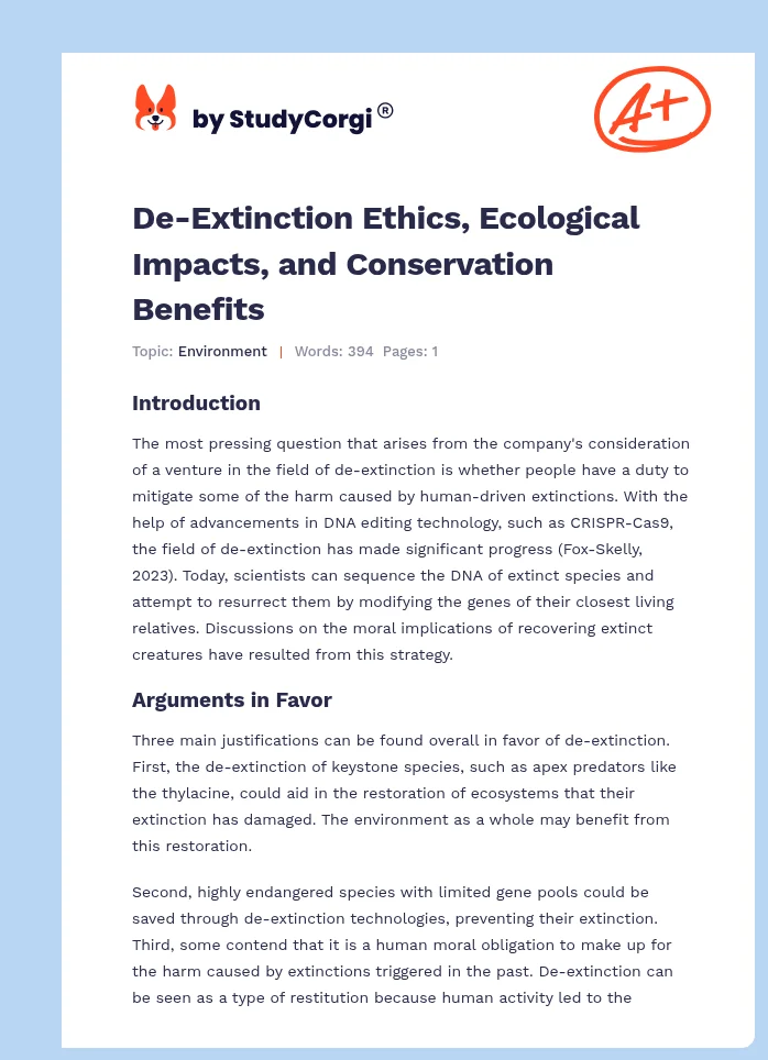 De-Extinction Ethics, Ecological Impacts, and Conservation Benefits. Page 1