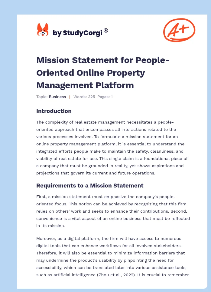 Mission Statement for People-Oriented Online Property Management Platform. Page 1
