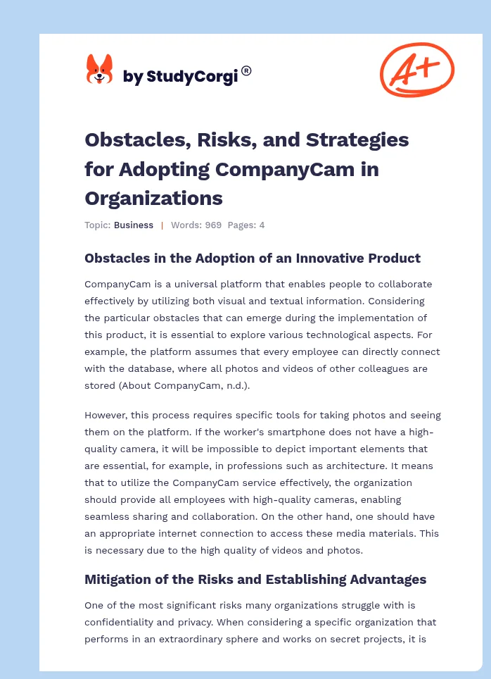 Obstacles, Risks, and Strategies for Adopting CompanyCam in Organizations. Page 1