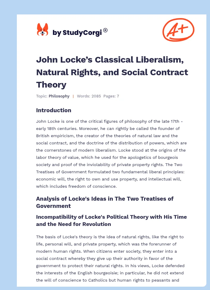 John Locke’s Classical Liberalism, Natural Rights, and Social Contract Theory. Page 1