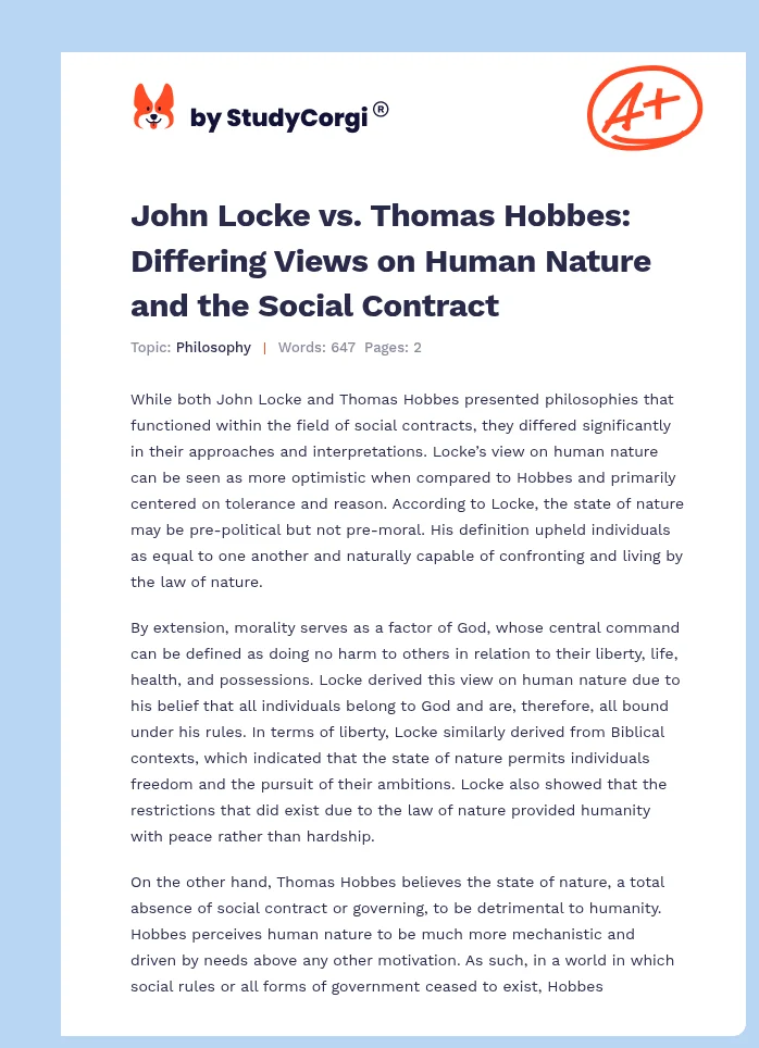 John Locke vs. Thomas Hobbes: Differing Views on Human Nature and the Social Contract. Page 1