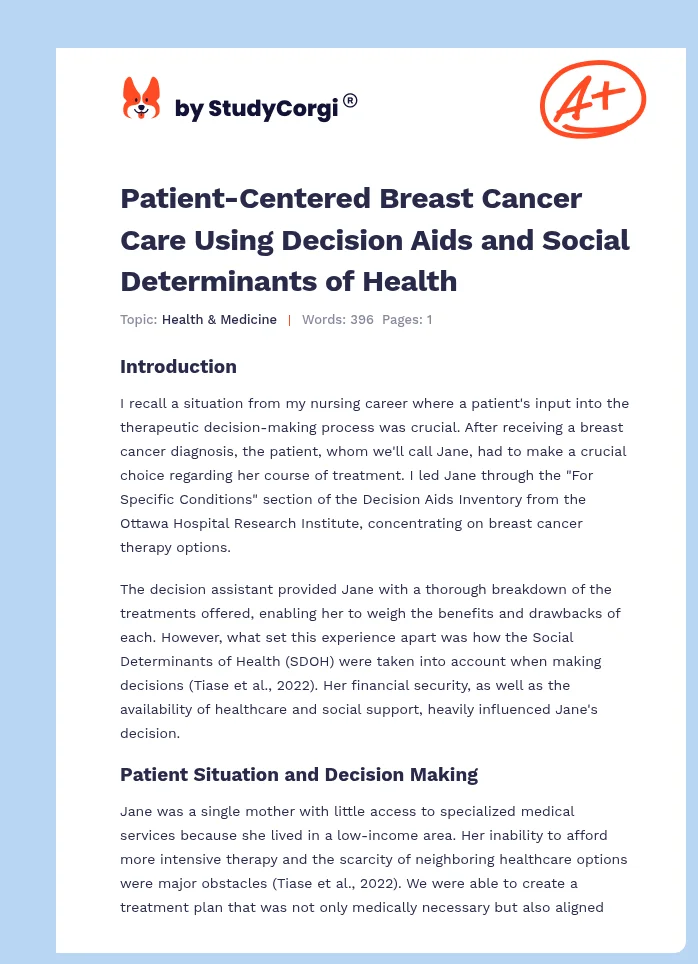 Patient-Centered Breast Cancer Care Using Decision Aids and Social Determinants of Health. Page 1