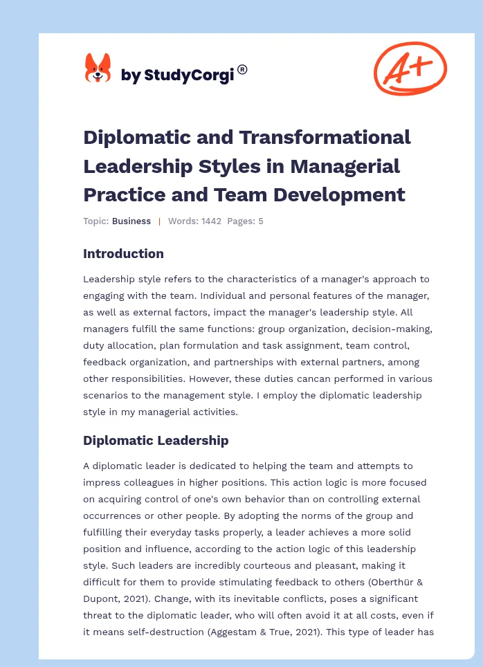 Diplomatic and Transformational Leadership Styles in Managerial Practice and Team Development. Page 1