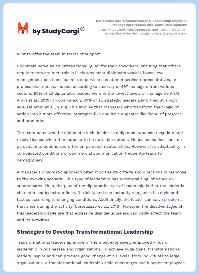 Diplomatic and Transformational Leadership Styles in Managerial Practice and Team Development. Page 2
