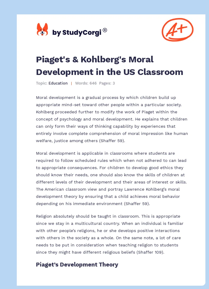 Piaget's & Kohlberg's Moral Development in the US Classroom. Page 1