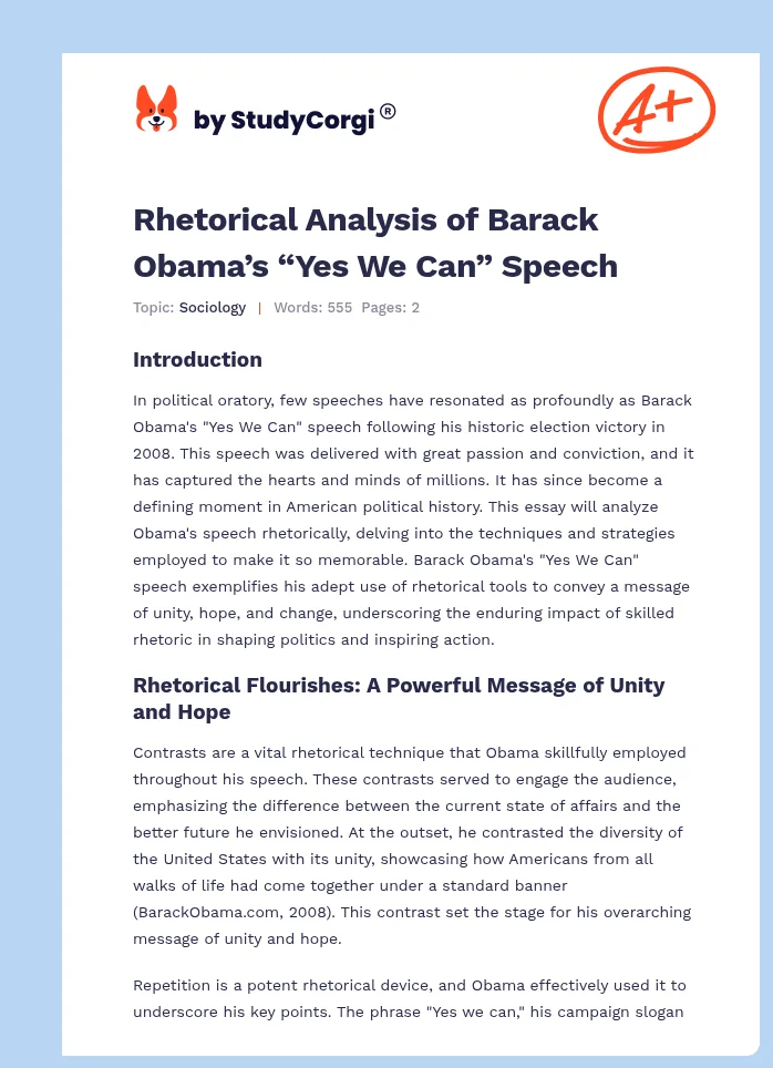 Rhetorical Analysis of Barack Obama’s “Yes We Can” Speech. Page 1