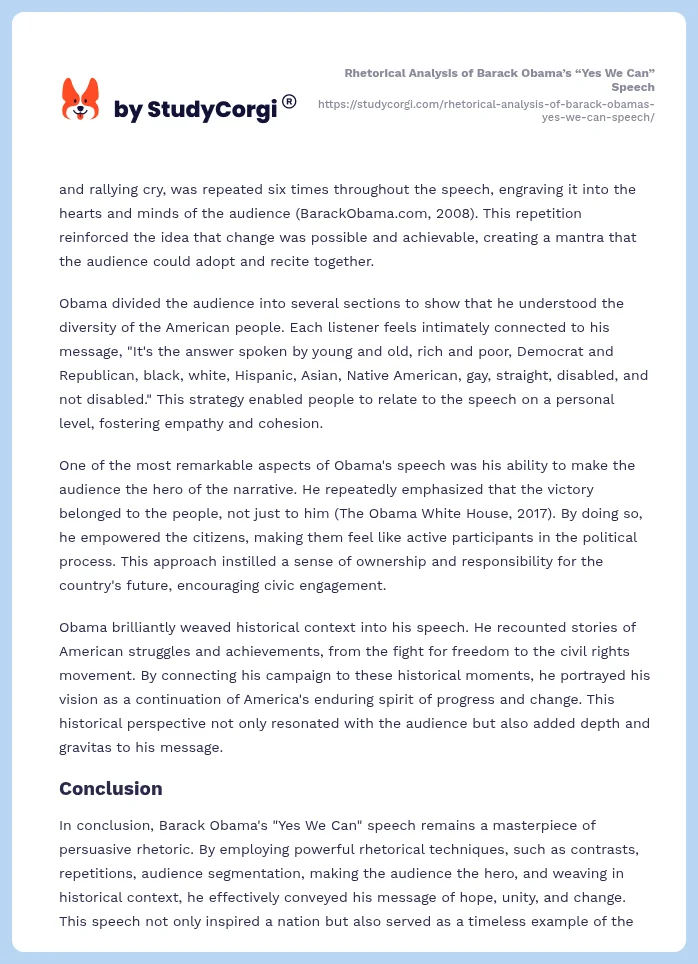 Rhetorical Analysis of Barack Obama’s “Yes We Can” Speech. Page 2