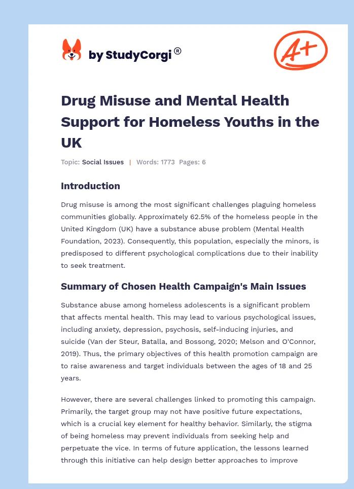 Drug Misuse and Mental Health Support for Homeless Youths in the UK. Page 1
