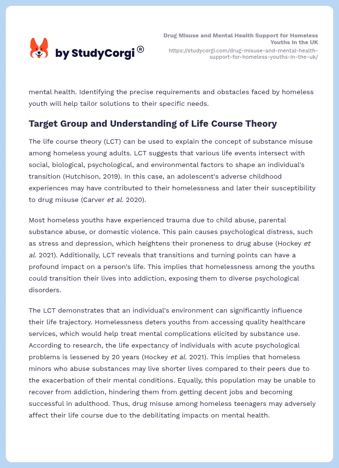Drug Misuse and Mental Health Support for Homeless Youths in the UK. Page 2