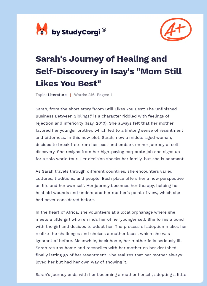 Sarah's Journey of Healing and Self-Discovery in Isay's "Mom Still Likes You Best". Page 1