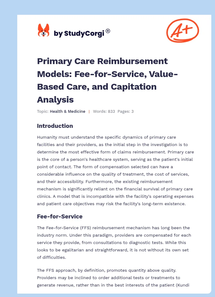 Primary Care Reimbursement Models: Fee-for-Service, Value-Based Care, and Capitation Analysis. Page 1