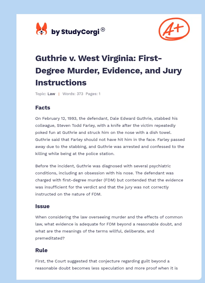 Guthrie v. West Virginia: First-Degree Murder, Evidence, and Jury Instructions. Page 1