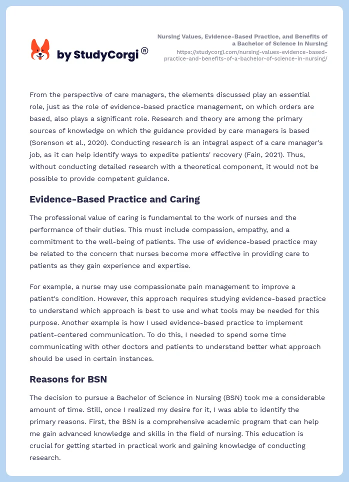 Nursing Values, Evidence-Based Practice, and Benefits of a Bachelor of Science in Nursing. Page 2