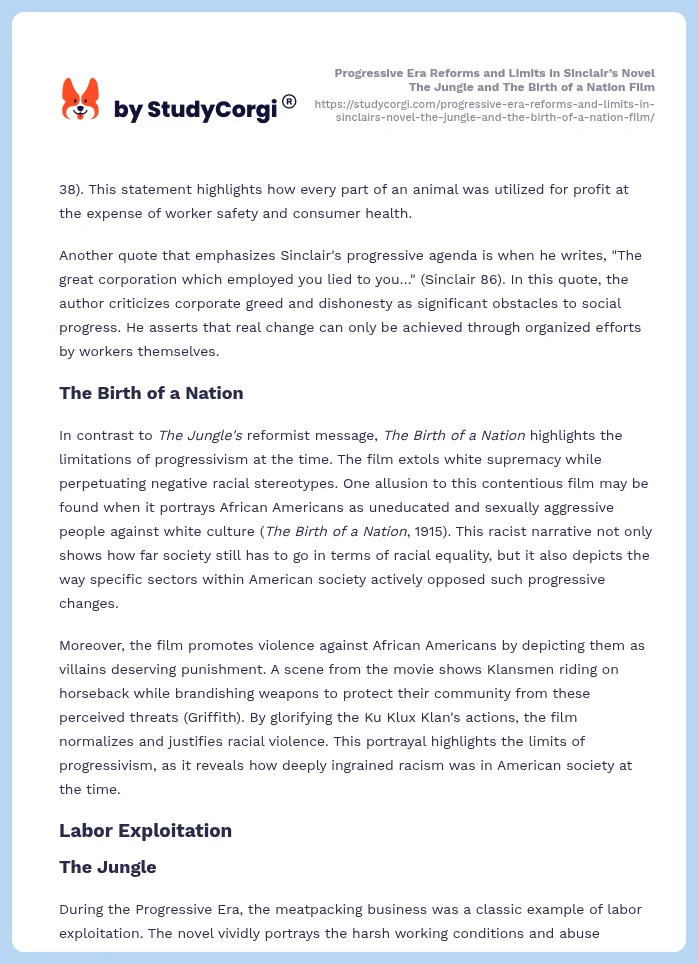 Progressive Era Reforms and Limits in Sinclair’s Novel The Jungle and The Birth of a Nation Film. Page 2