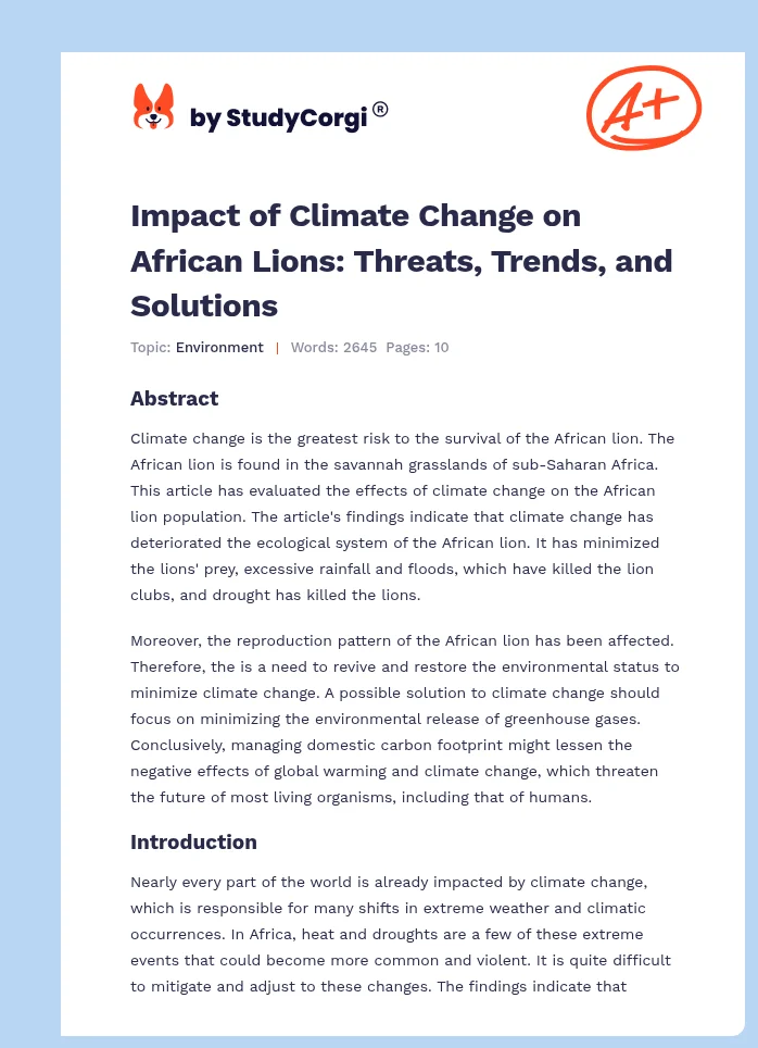 Impact of Climate Change on African Lions: Threats, Trends, and Solutions. Page 1