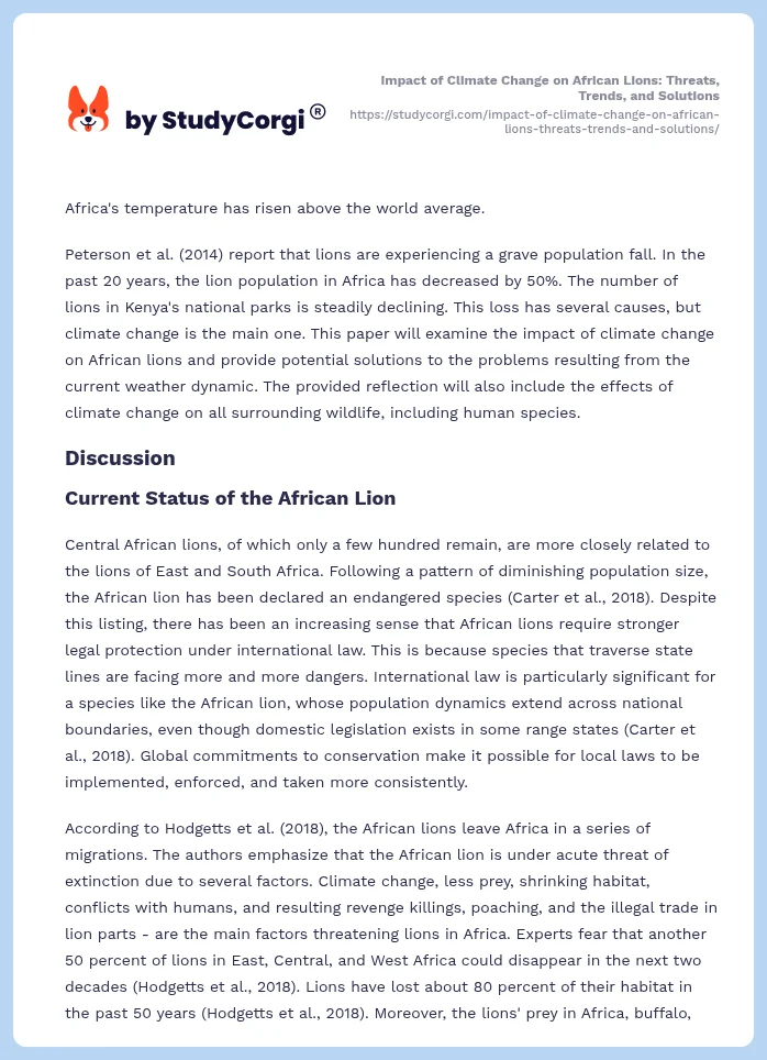 Impact of Climate Change on African Lions: Threats, Trends, and Solutions. Page 2