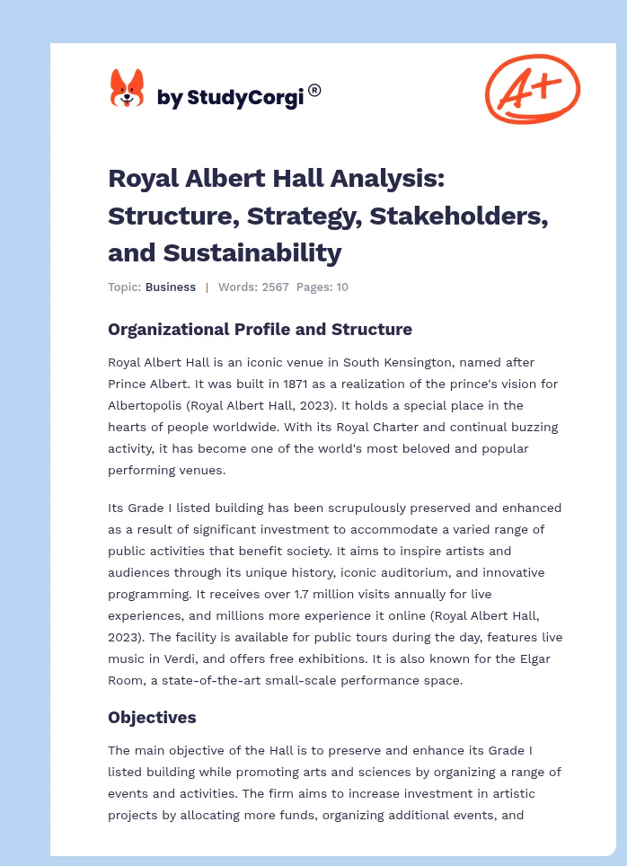 Royal Albert Hall Analysis: Structure, Strategy, Stakeholders, and Sustainability. Page 1